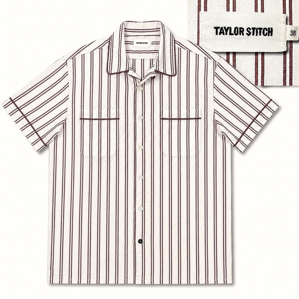 Taylor Stitch Tulum Shirt Mens 38 Cranberry Stripe Organic Cotton Camp Collar